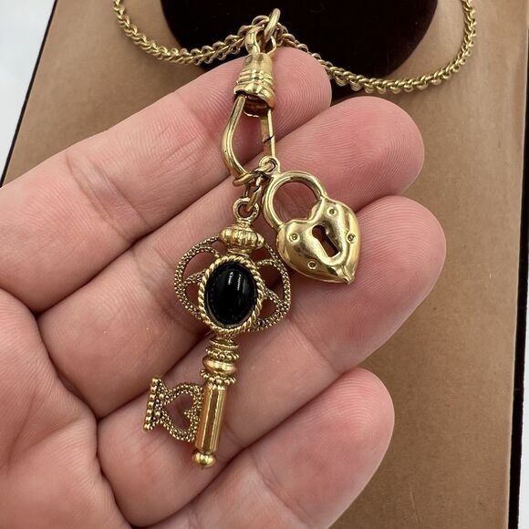 Vintage 1928 Gold Tone Charm Necklace Clip,Key,Heart, Lock 28" Longline - Picture 2 of 8